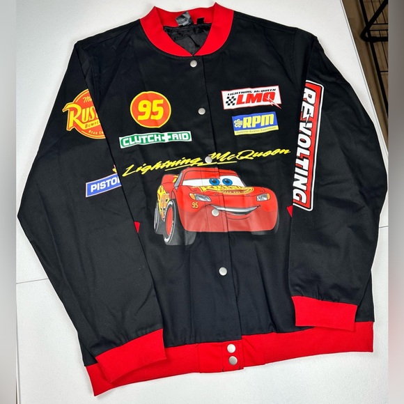Disney Pixar Cars Lightning McQueen Bioworld Racing Bomber Jacket Mens M Cotton